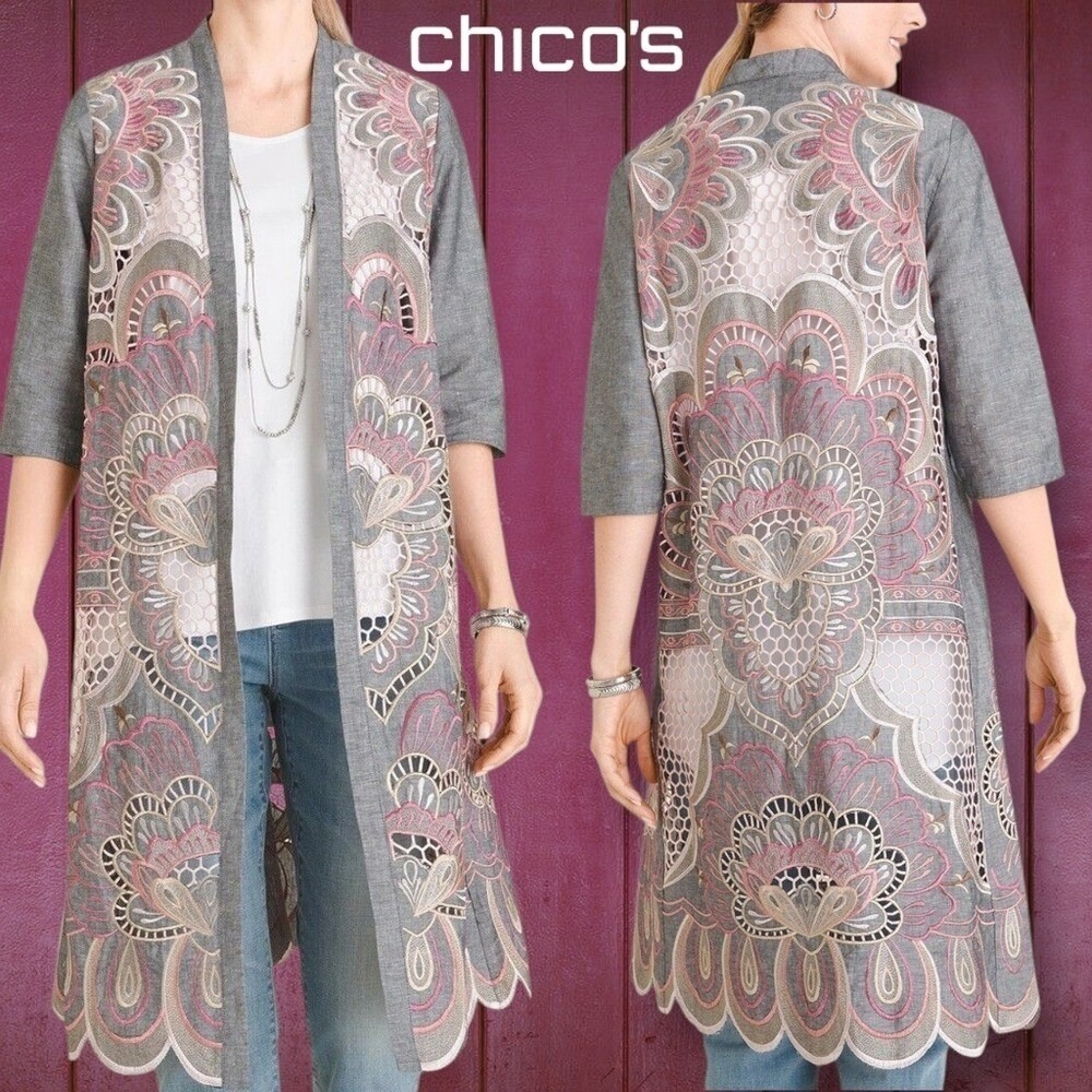 Chico's Womens Embroidered Cutout Lace Linen Blend Scallop Hem Duster Grey L/XLP